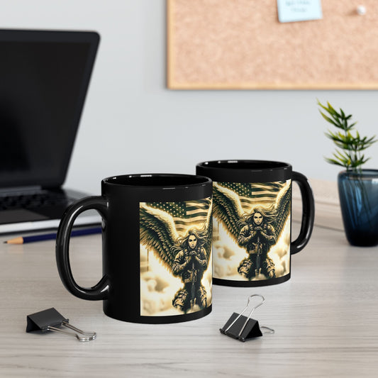 Angel of Valor Black Mug — Patriotic Guardian Wings Coffee Cup (11oz/15oz)