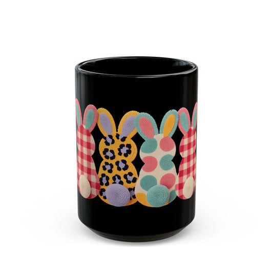 Easter Bunny Row Black Ceramic Mug — Colorful Patterned Bunny Silhouettes (11oz & 15oz)
