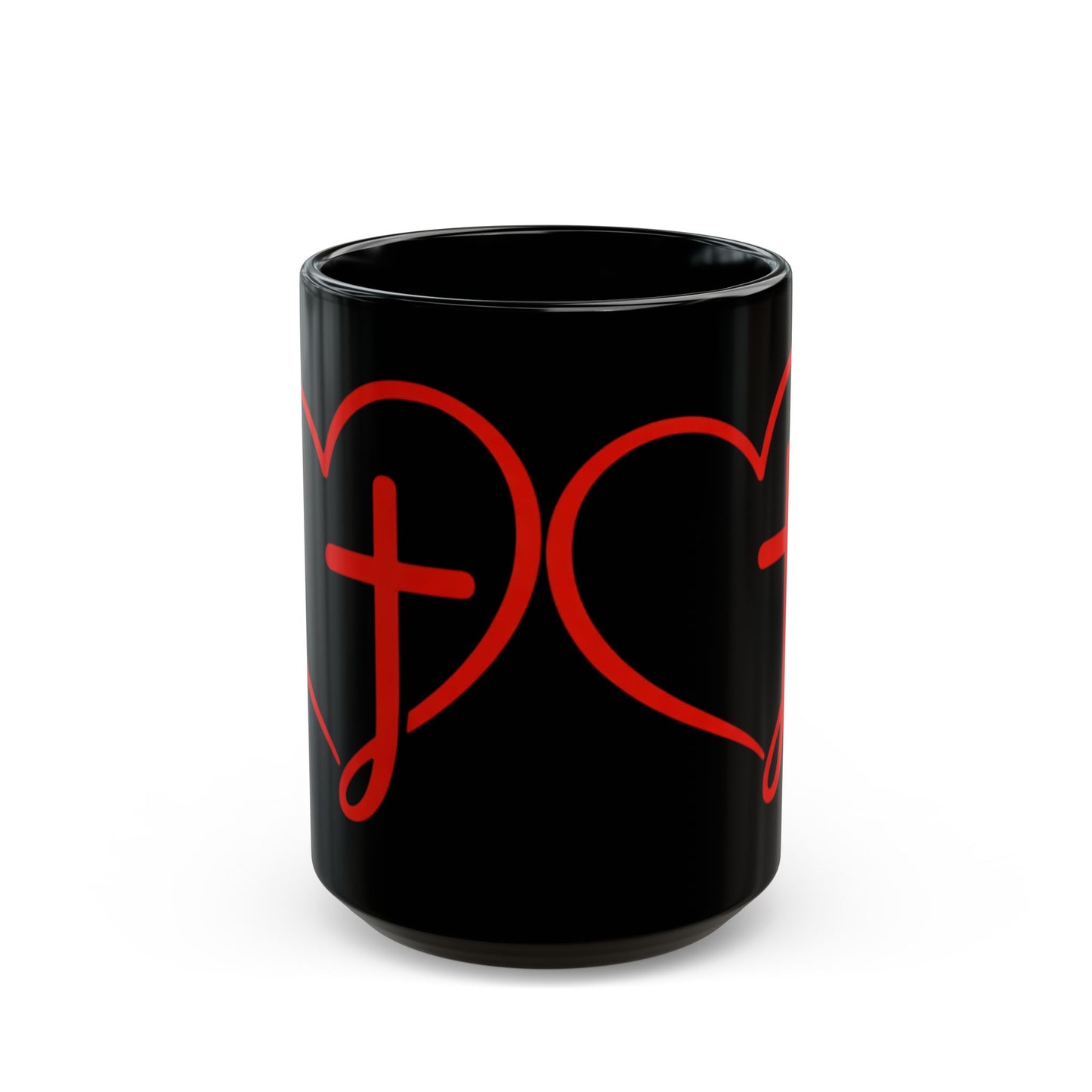 Black Mug — Scrolled Heart Cross 'J' Design (11oz & 15oz)