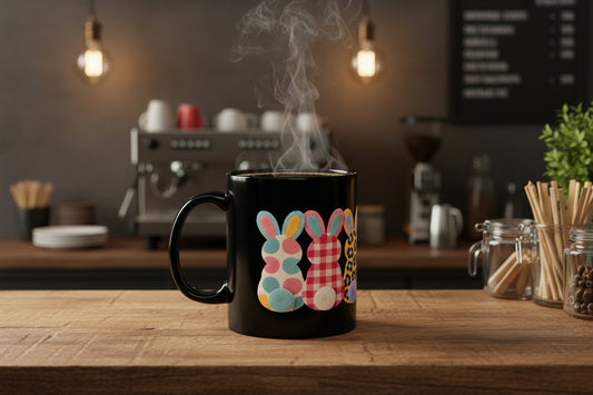 Easter Bunny Row Black Ceramic Mug — Colorful Patterned Bunny Silhouettes (11oz & 15oz)