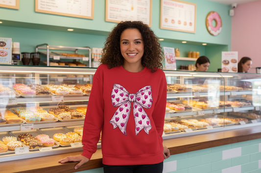 Heart Bow Crewneck Sweatshirt, Pink Heart Ribbon Graphic Pullover for Valentine’s Day