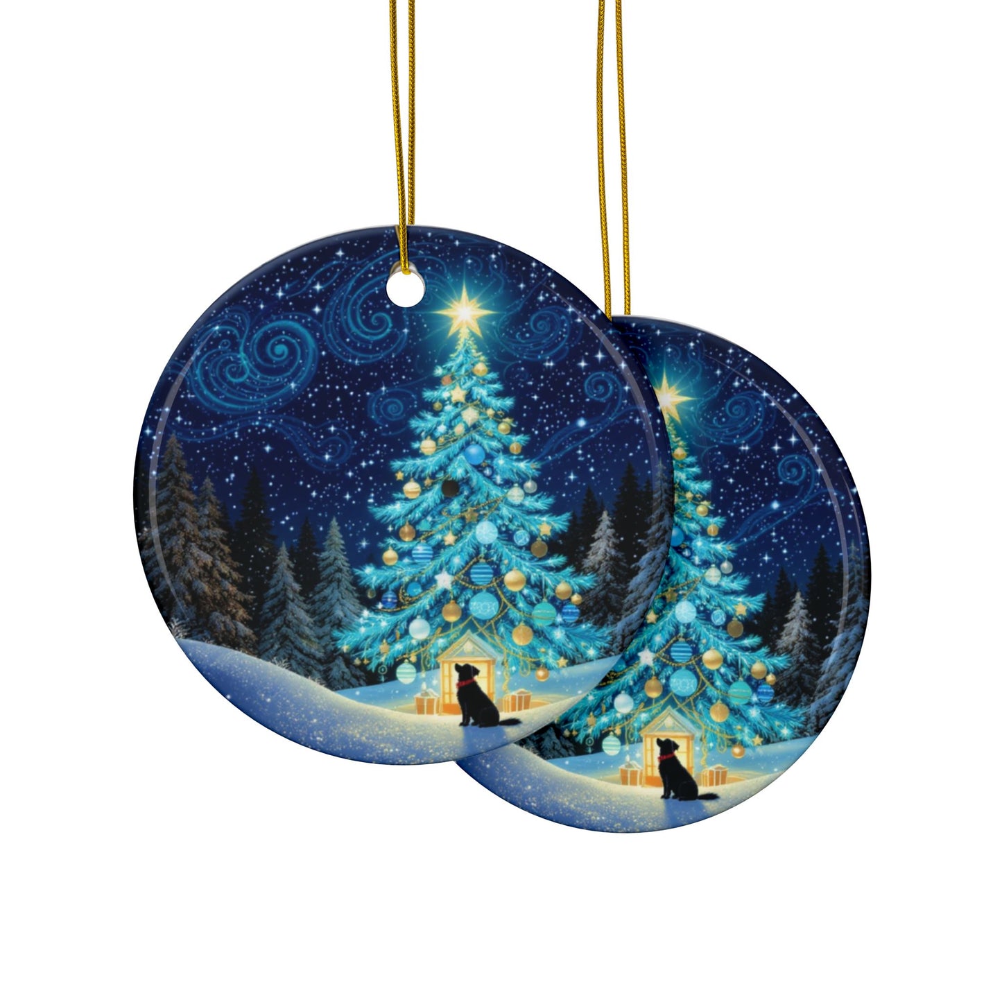 Ceramic Ornaments - Christmas Tree and Dog Winter Scene