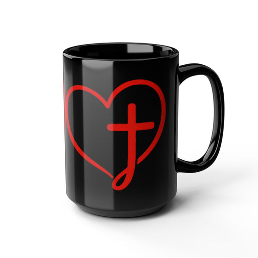 Black Mug — Scrolled Heart Cross 'J' Design (11oz & 15oz)