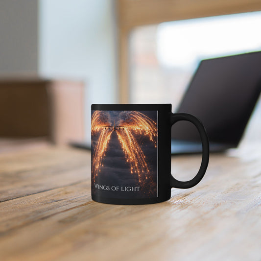 Wings of Light Black Mug — Angelic Golden Wings Moonlit Coffee Cup (11oz & 15oz)