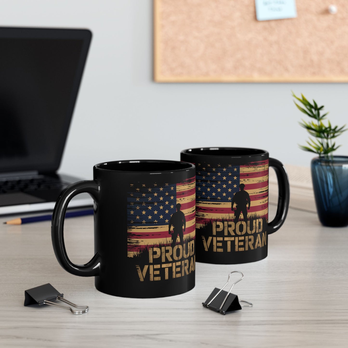 Proud Veteran Black Mug – American Flag Silhouette Coffee Cup (11oz/15oz)