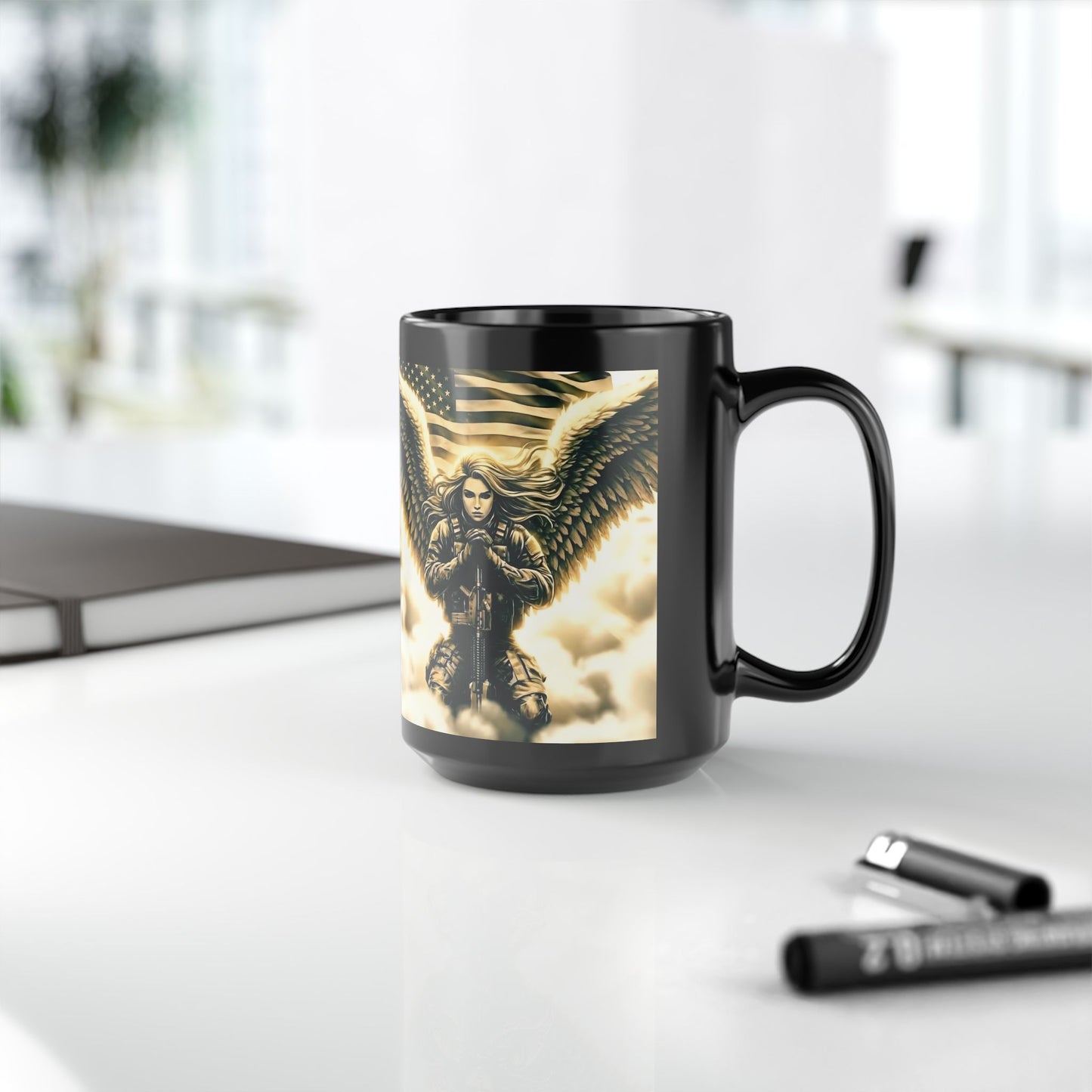 Angel of Valor Black Mug — Patriotic Guardian Wings Coffee Cup (11oz/15oz)