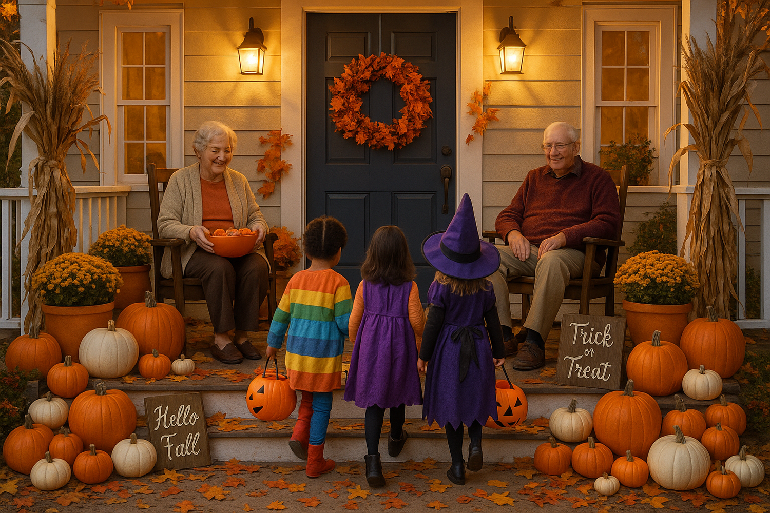 This is perfect. Can we add an elderly man in the chair on the right and an elderly woman in the chair on the left holding a bowl of candy. Also let's add two kids in Halloween costumes going up the stairs?