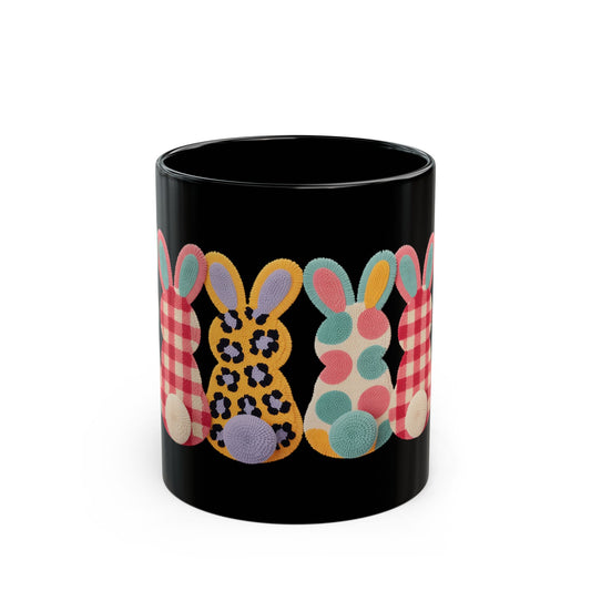 Easter Bunny Row Black Ceramic Mug — Colorful Patterned Bunny Silhouettes (11oz & 15oz)