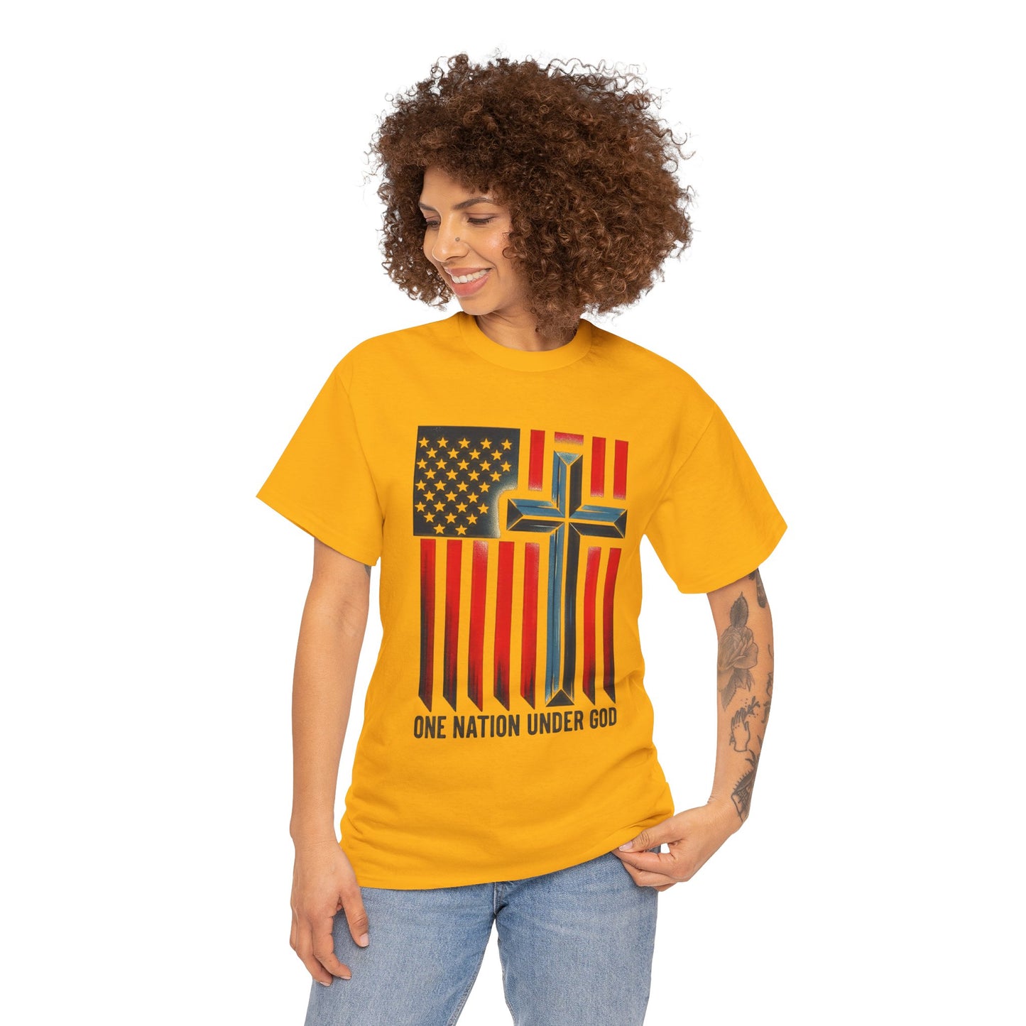Patriotic Cross T-Shirt — "One Nation Under God" American Flag Tee
