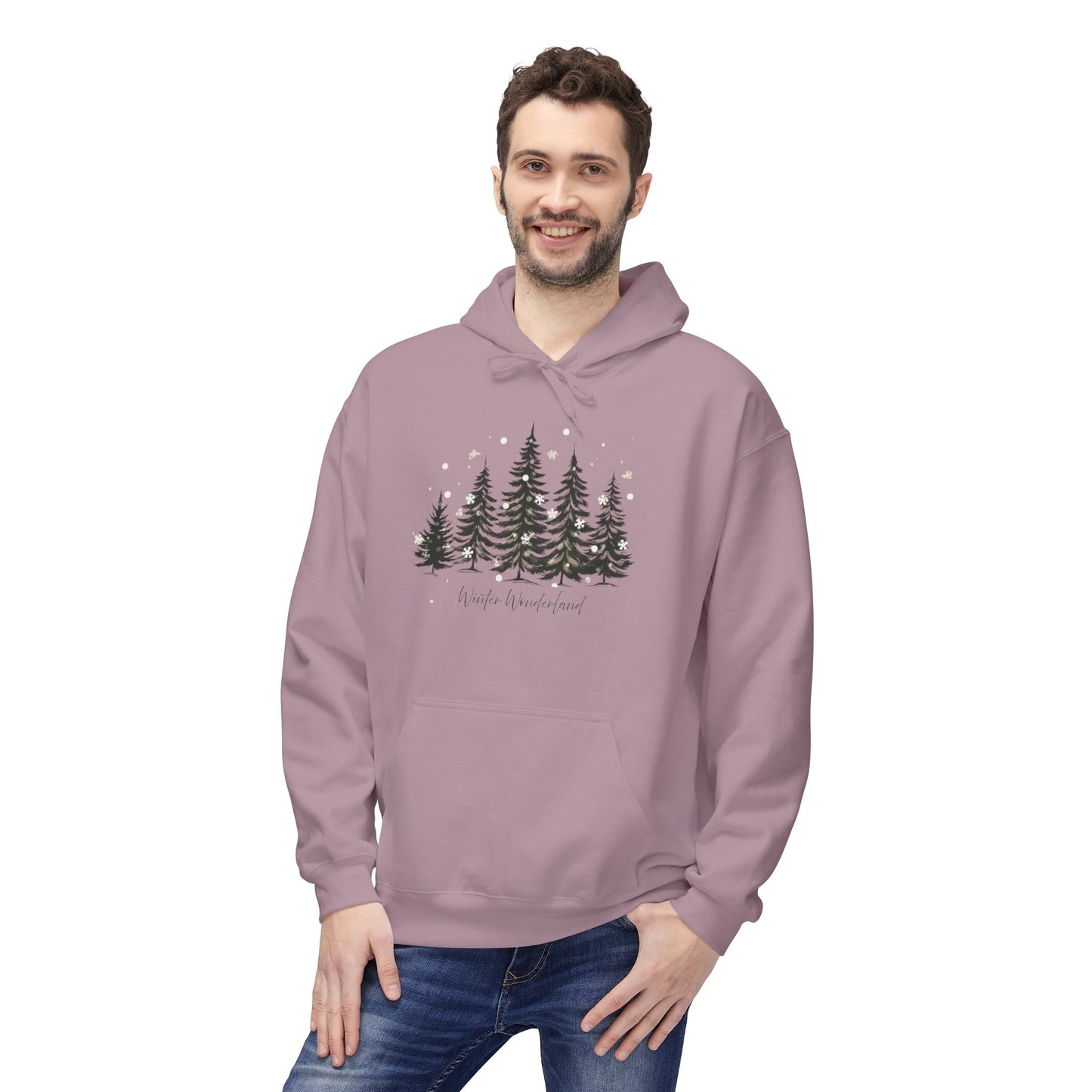 Cozy Forest Winter Hoodie with Snowflakes