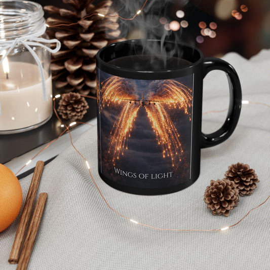 Wings of Light Black Mug — Angelic Golden Wings Moonlit Coffee Cup (11oz & 15oz)