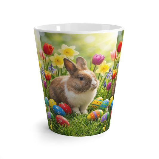 Easter Bunny Latte Mug — Spring Rabbits, Colorful Eggs & Flowers Coffee Cup