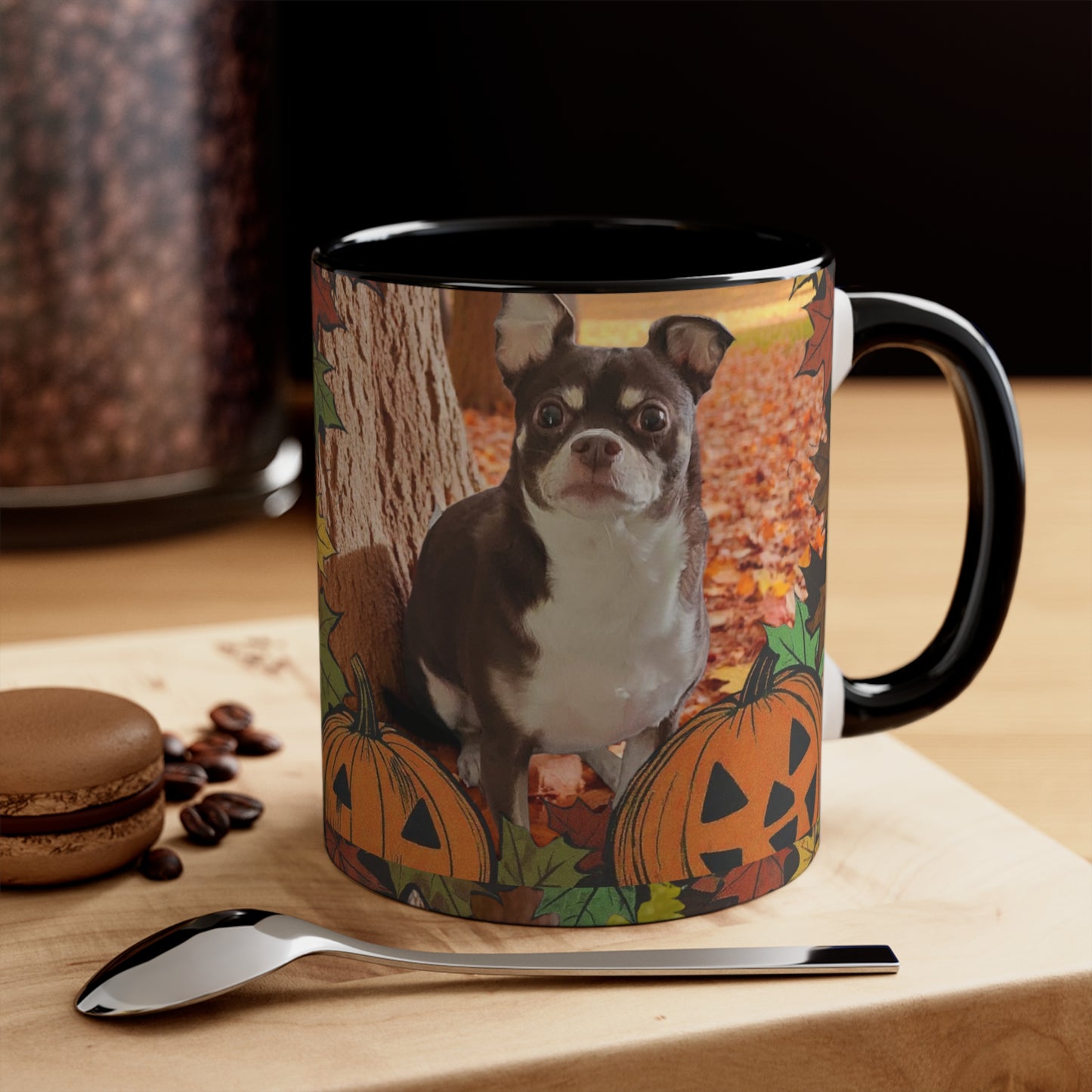 Autumn Pet-Themed Accent Mug | Cute Dog & Pumpkin Design, Fall Coffee Cup, Gift for Pet Lovers, Halloween Decor, Cozy Tea Mug