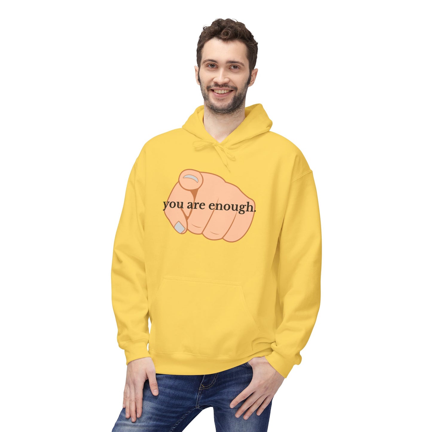 "You Are Enough" Inspirational Hoodie with Pointing Design (Back Message: Encouraging Note)
