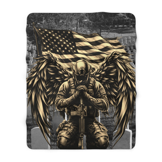 Veteran Memorial Sherpa Fleece Blanket, Soldier Angel Kneeling with American Flag