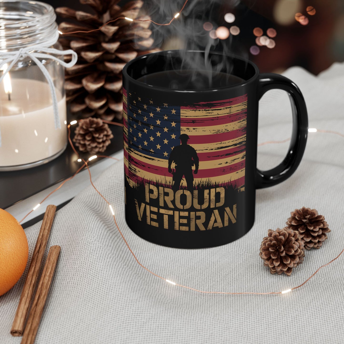 Proud Veteran Black Mug – American Flag Silhouette Coffee Cup (11oz/15oz)