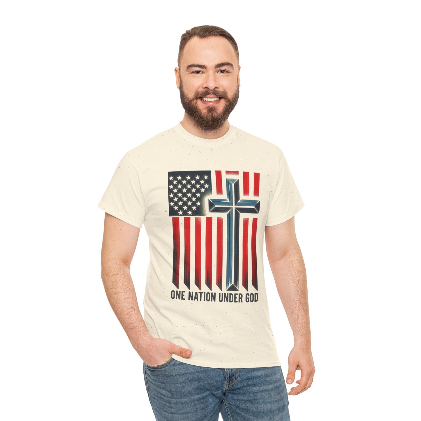 Patriotic Cross T-Shirt — "One Nation Under God" American Flag Tee