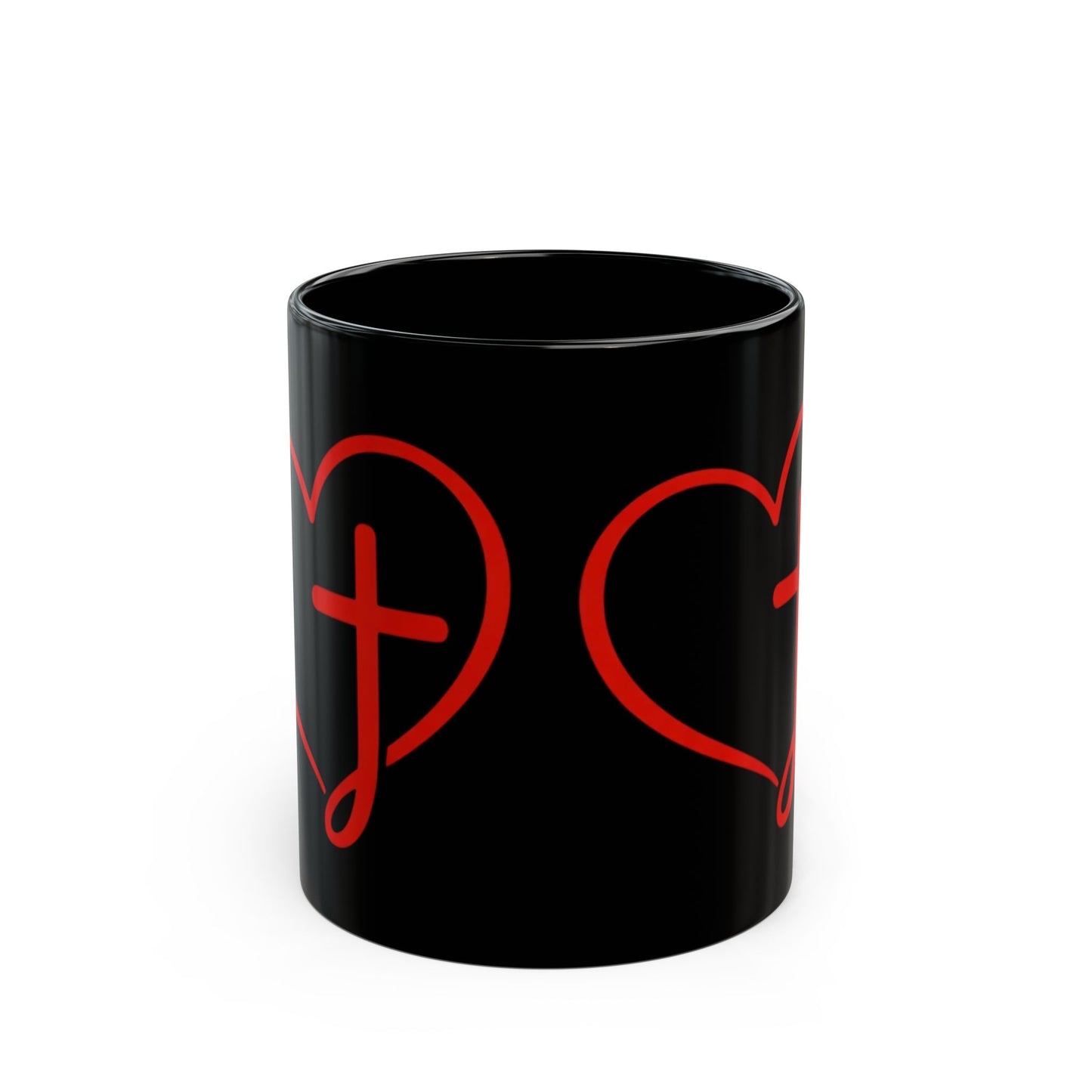 Black Mug — Scrolled Heart Cross 'J' Design (11oz & 15oz)
