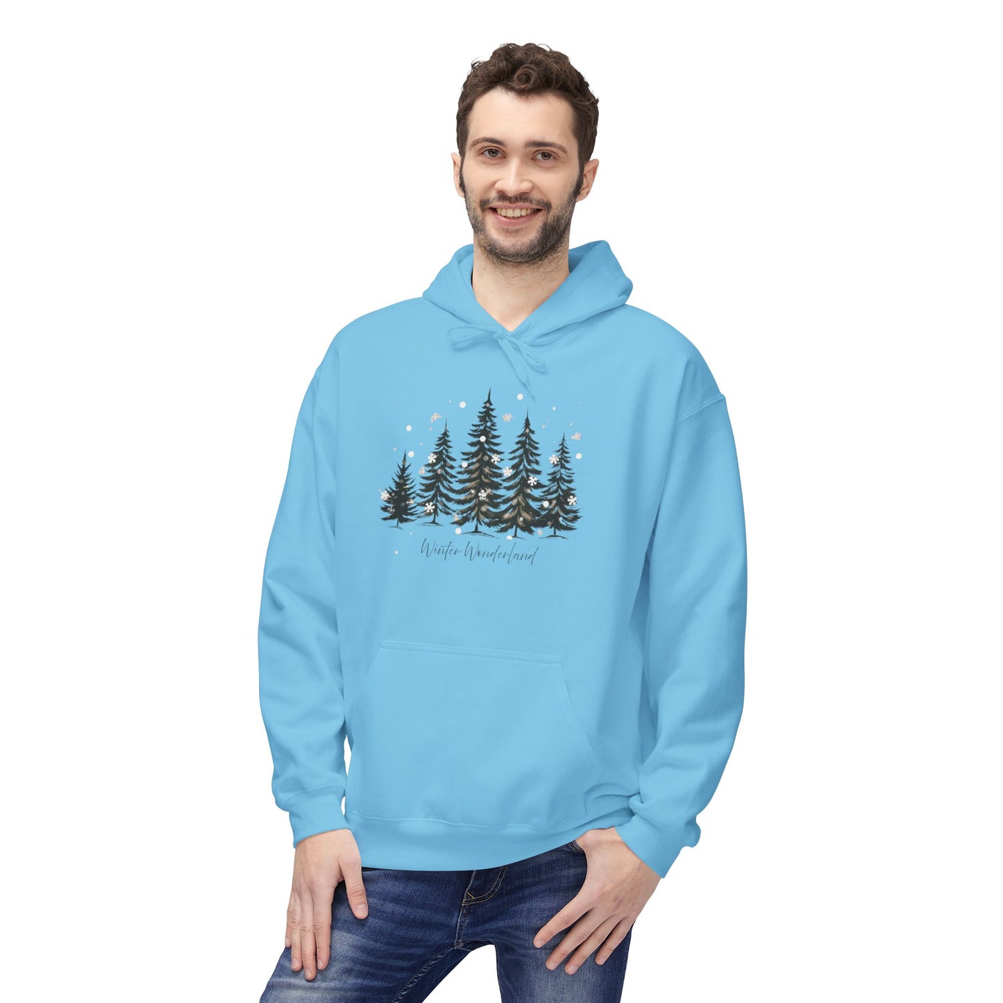 Cozy Forest Winter Hoodie with Snowflakes