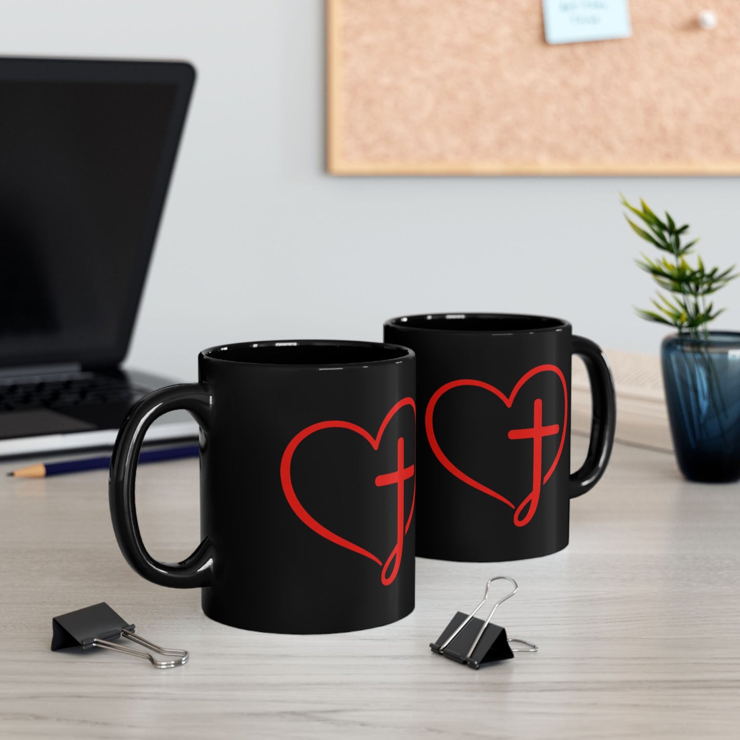 Black Mug — Scrolled Heart Cross 'J' Design (11oz & 15oz)