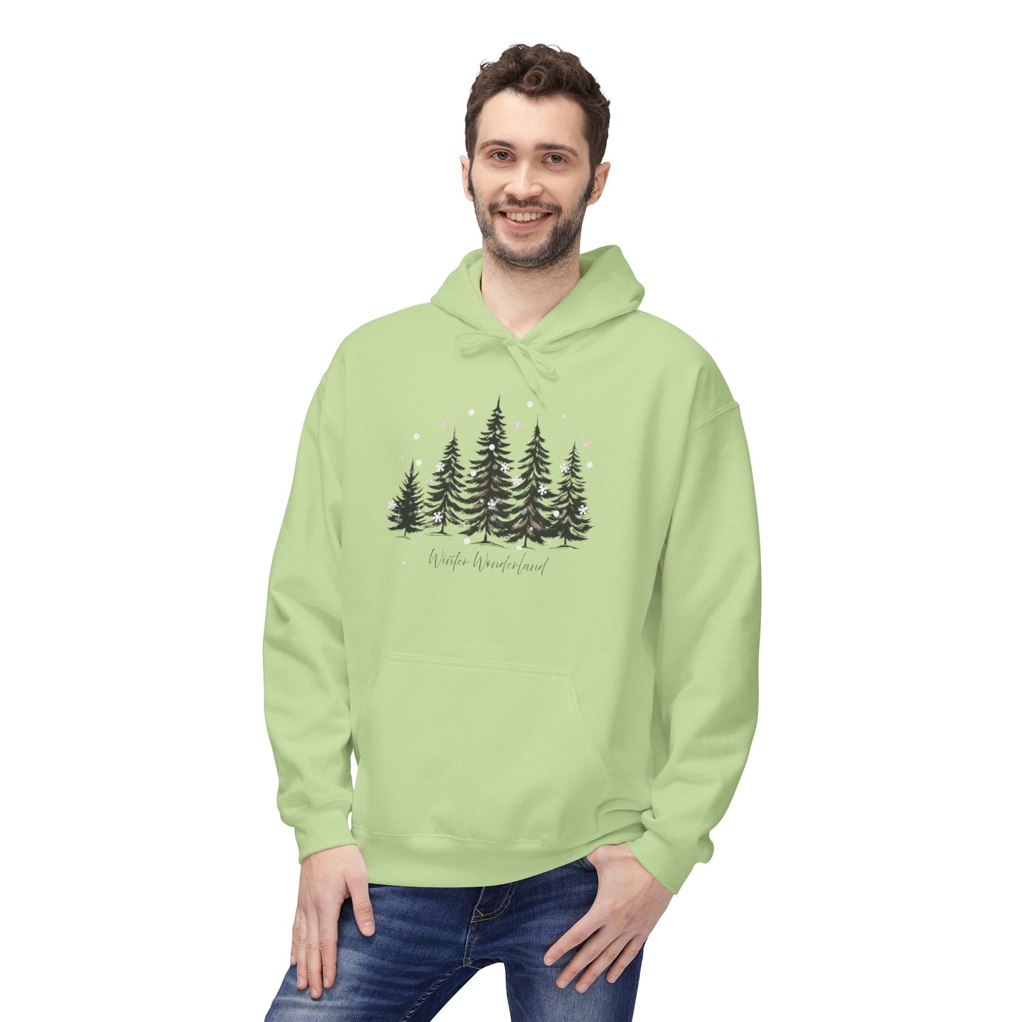 Cozy Forest Winter Hoodie with Snowflakes