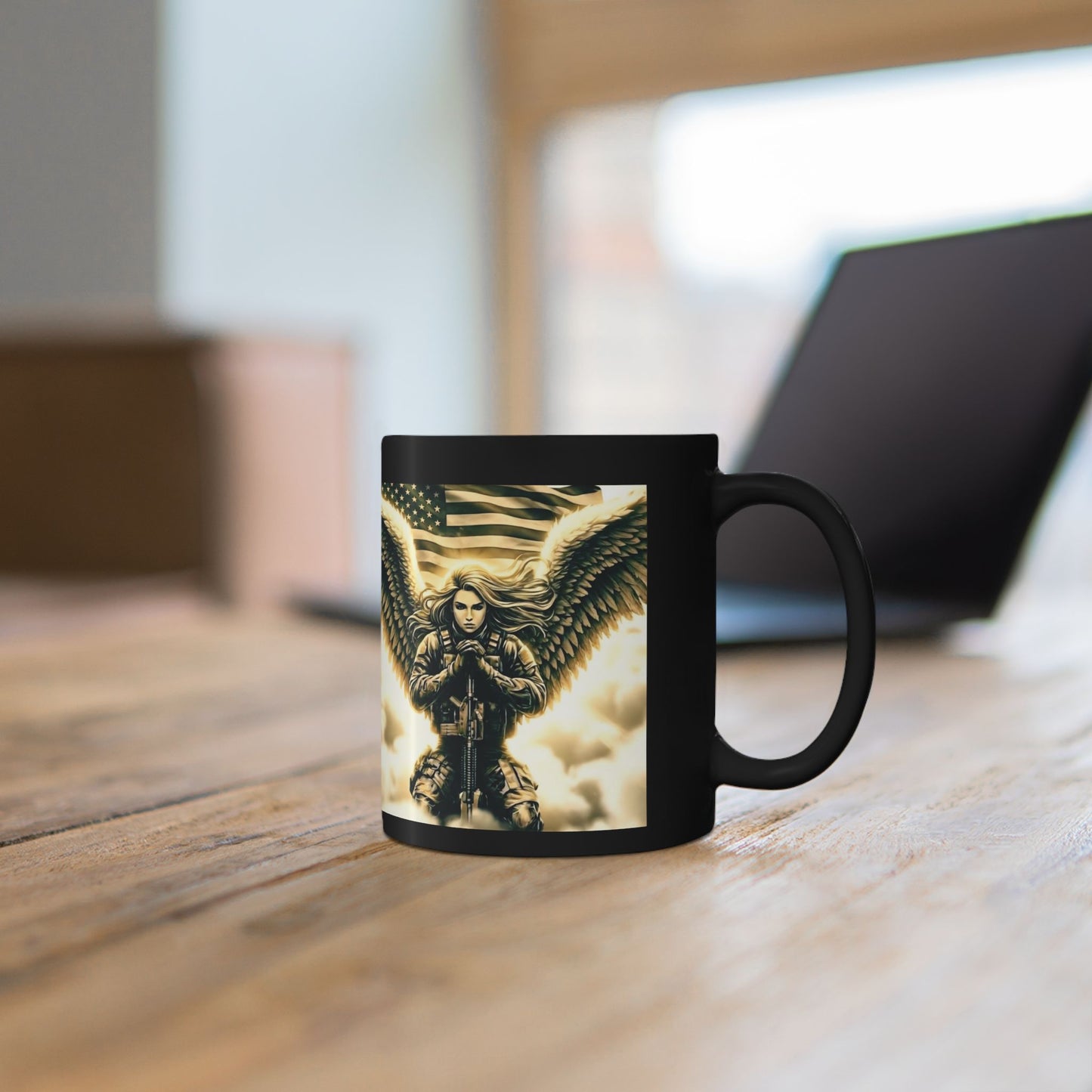 Angel of Valor Black Mug — Patriotic Guardian Wings Coffee Cup (11oz/15oz)