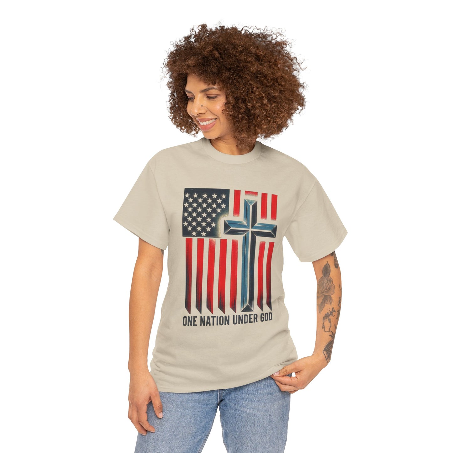 Patriotic Cross T-Shirt — "One Nation Under God" American Flag Tee