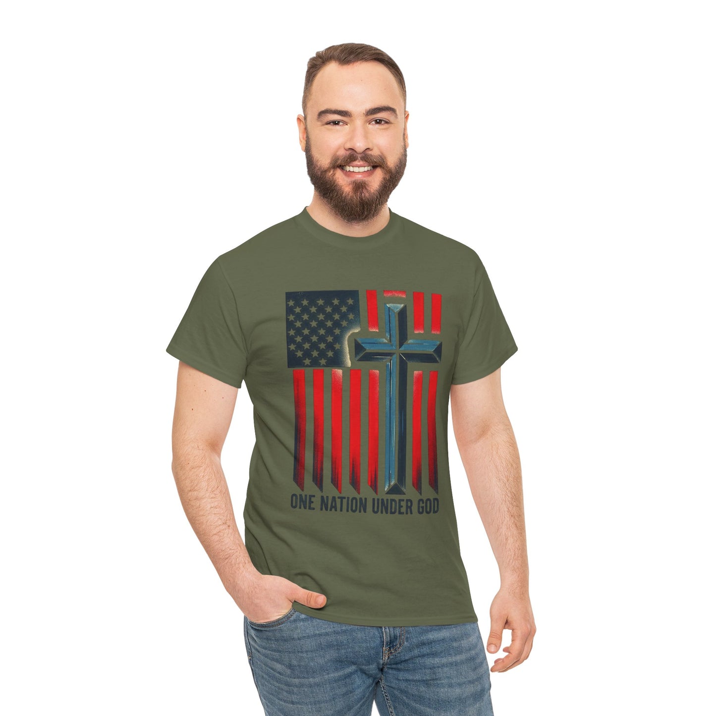 Patriotic Cross T-Shirt — "One Nation Under God" American Flag Tee