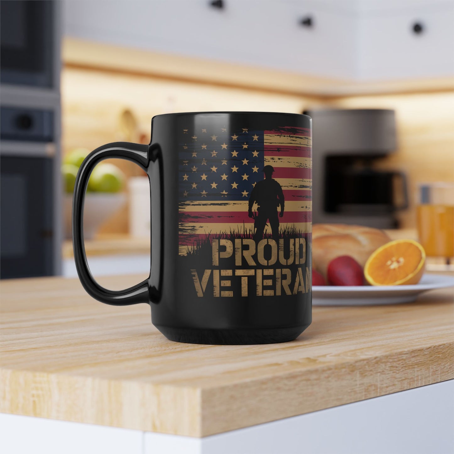 Proud Veteran Black Mug – American Flag Silhouette Coffee Cup (11oz/15oz)