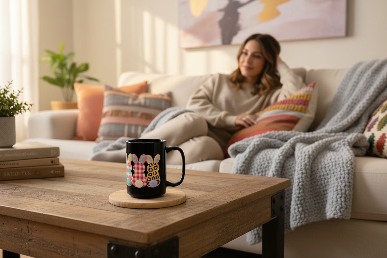 Easter Bunny Row Black Ceramic Mug — Colorful Patterned Bunny Silhouettes (11oz & 15oz)