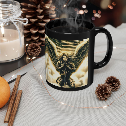 Angel of Valor Black Mug — Patriotic Guardian Wings Coffee Cup (11oz/15oz)