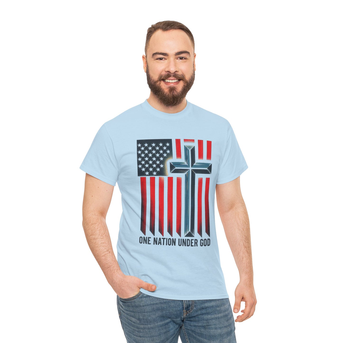 Patriotic Cross T-Shirt — "One Nation Under God" American Flag Tee