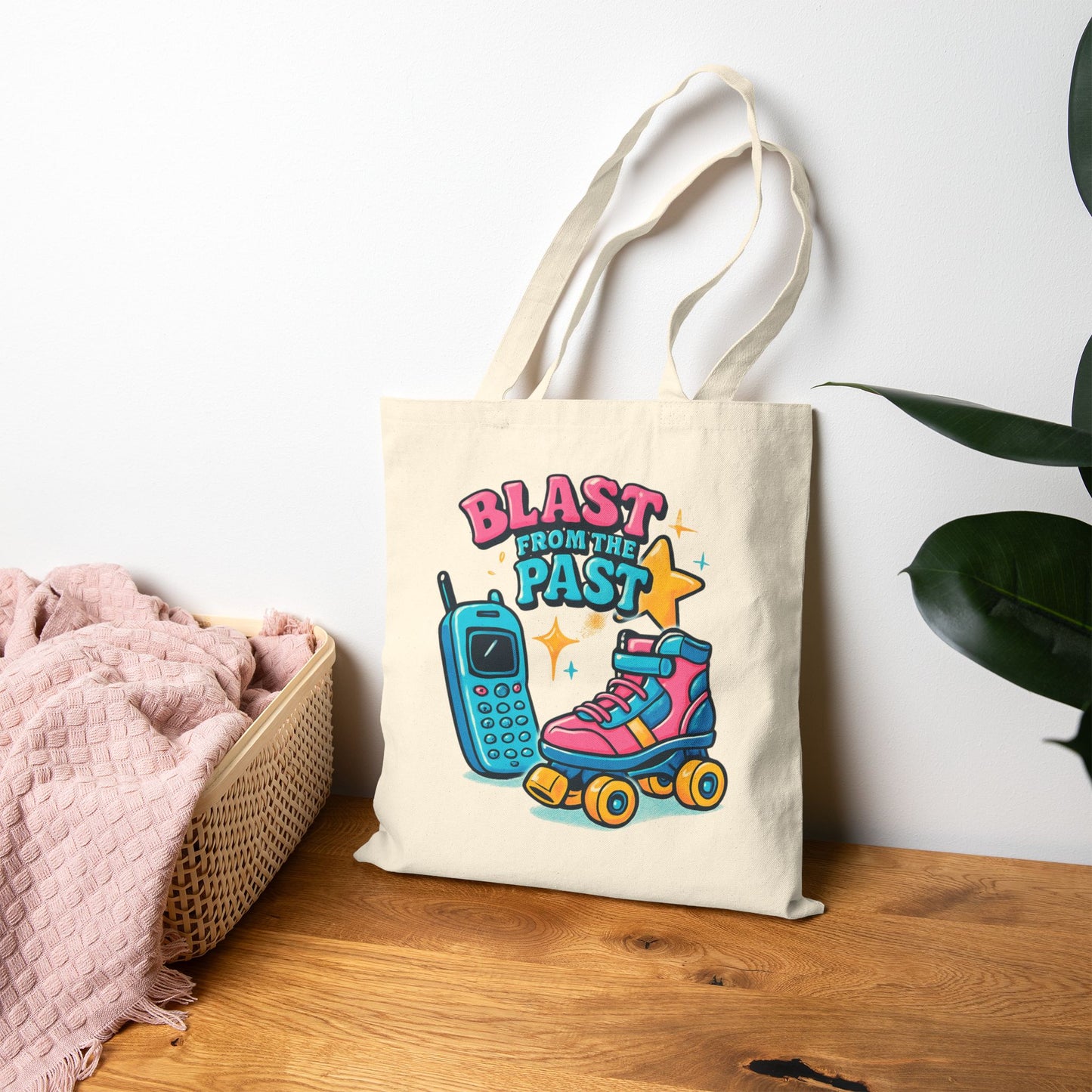 Tote Bag - Retro Roller Skates and Cordless Phone Design