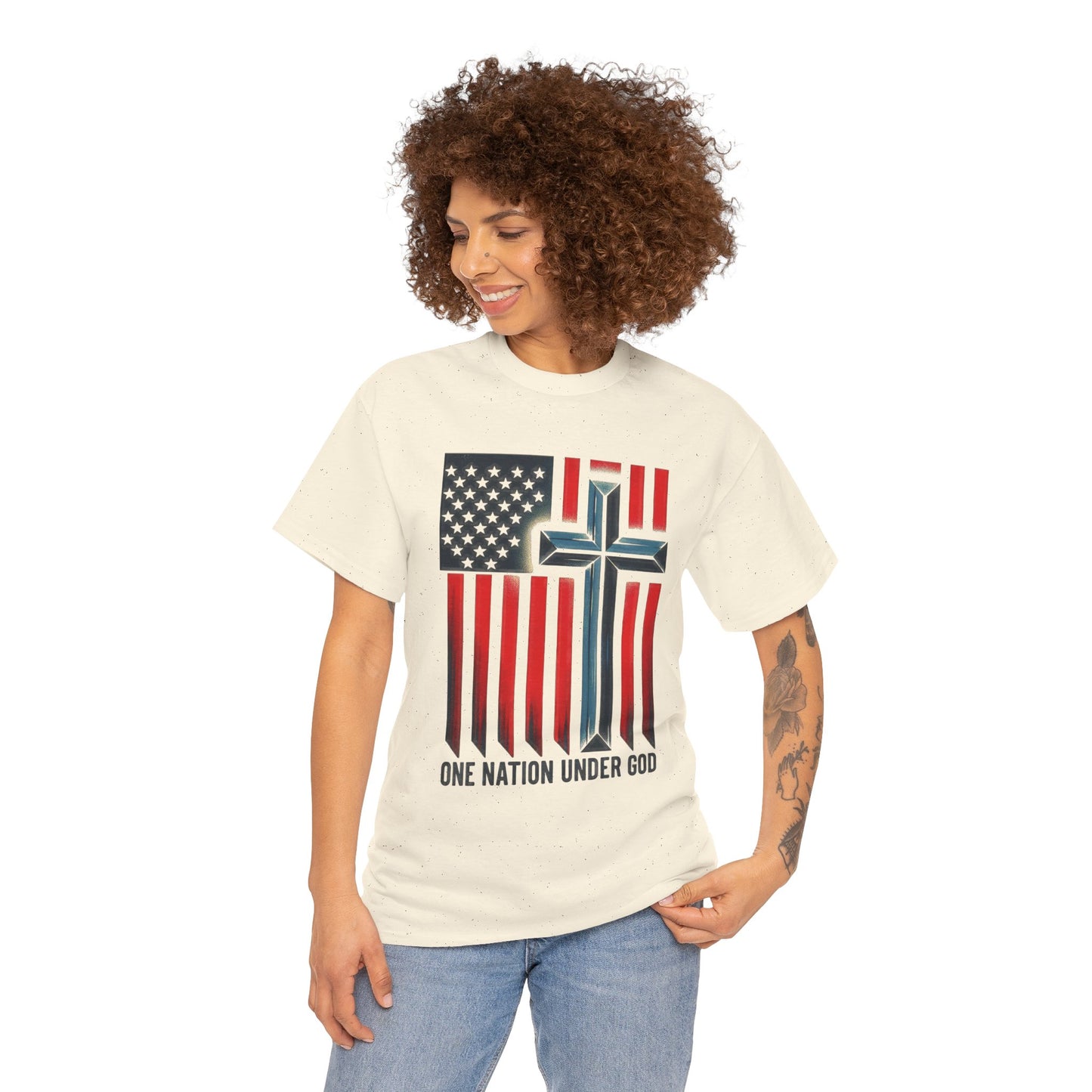 Patriotic Cross T-Shirt — "One Nation Under God" American Flag Tee