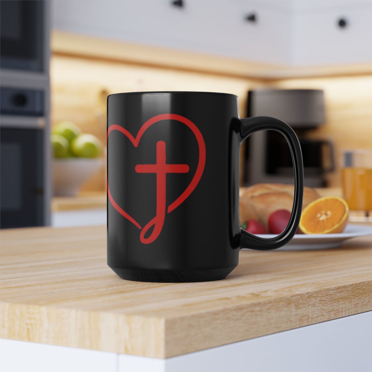 Black Mug — Scrolled Heart Cross 'J' Design (11oz & 15oz)