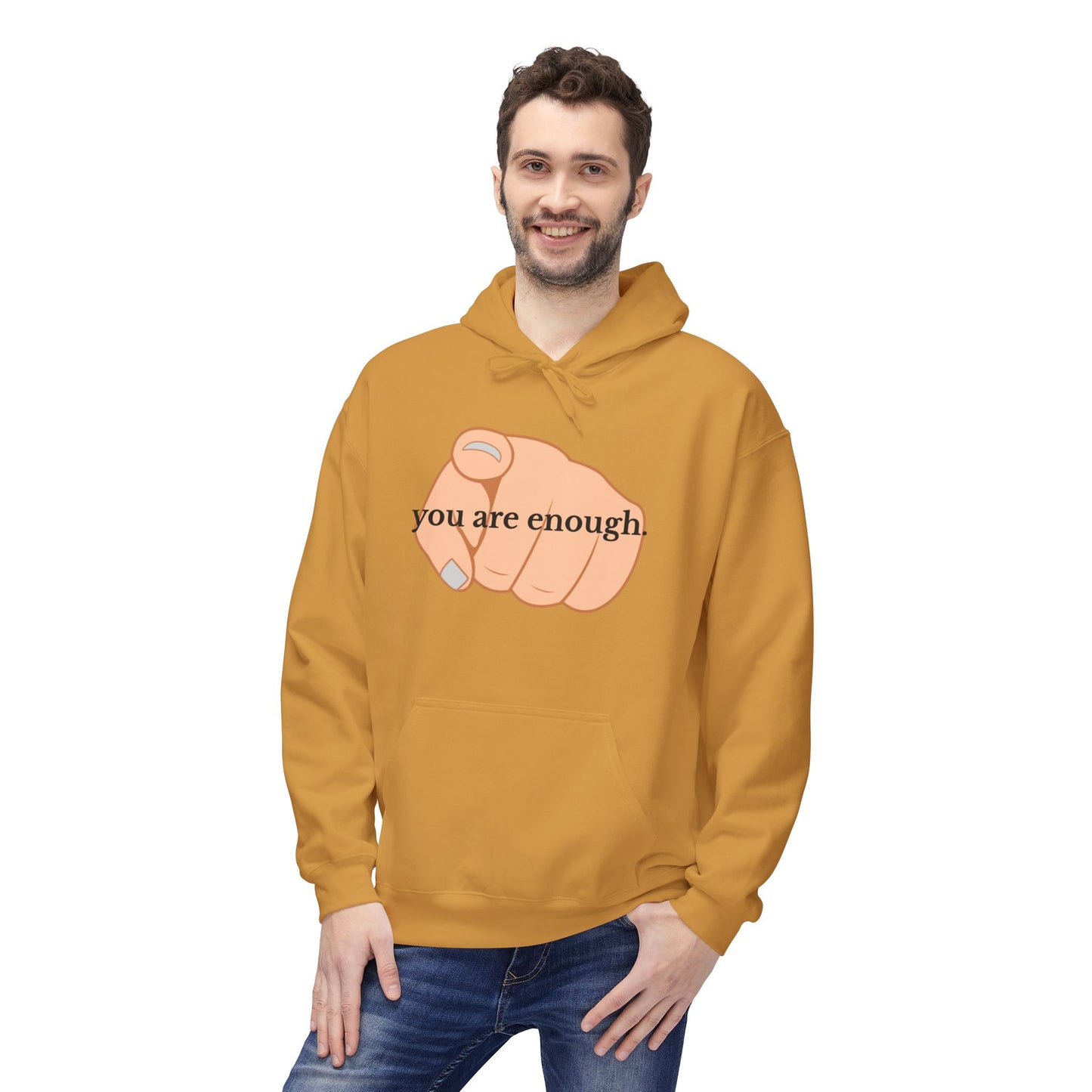 "You Are Enough" Inspirational Hoodie with Pointing Design (Back Message: Encouraging Note)
