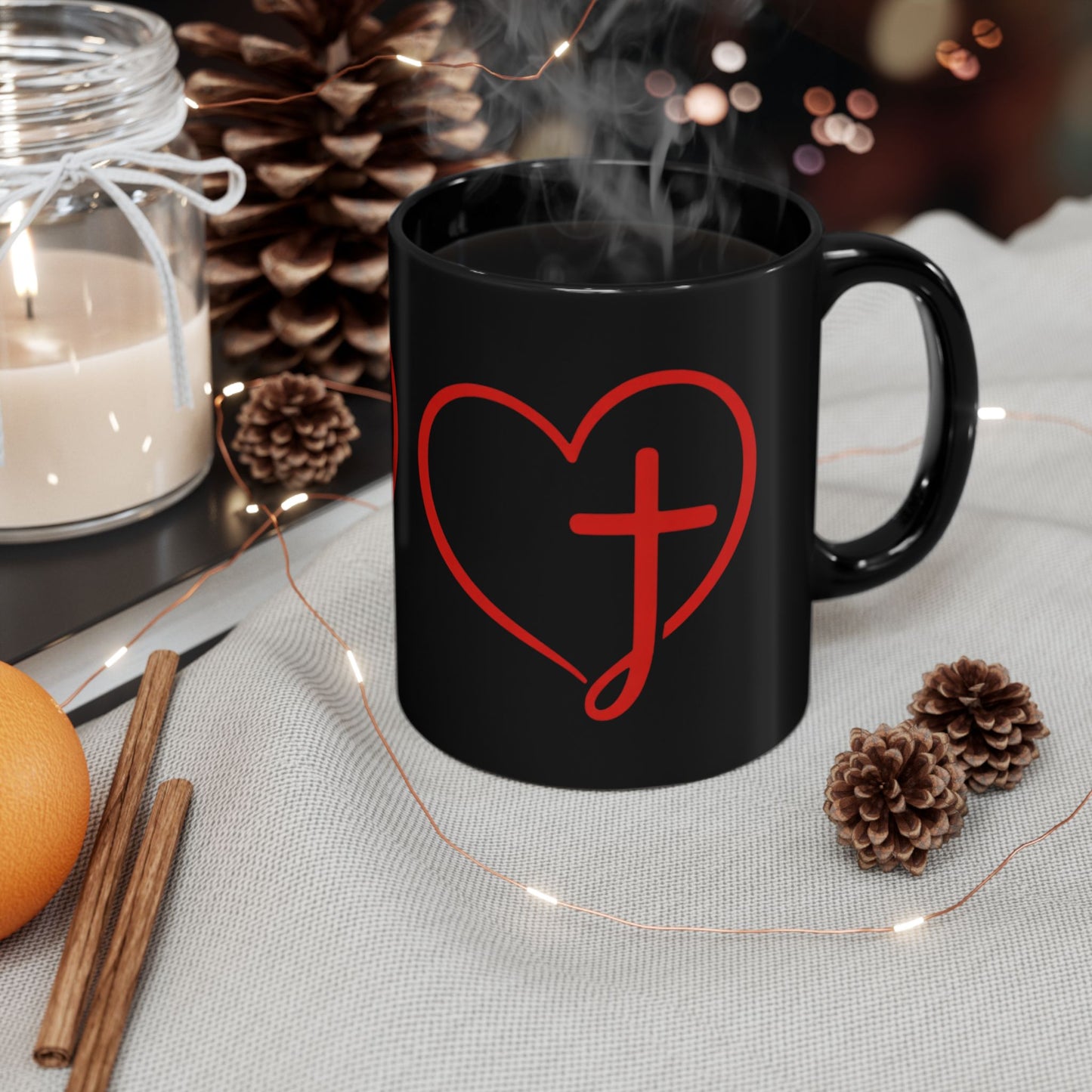 Black Mug — Scrolled Heart Cross 'J' Design (11oz & 15oz)