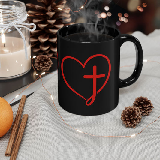 Black Mug — Scrolled Heart Cross 'J' Design (11oz & 15oz)
