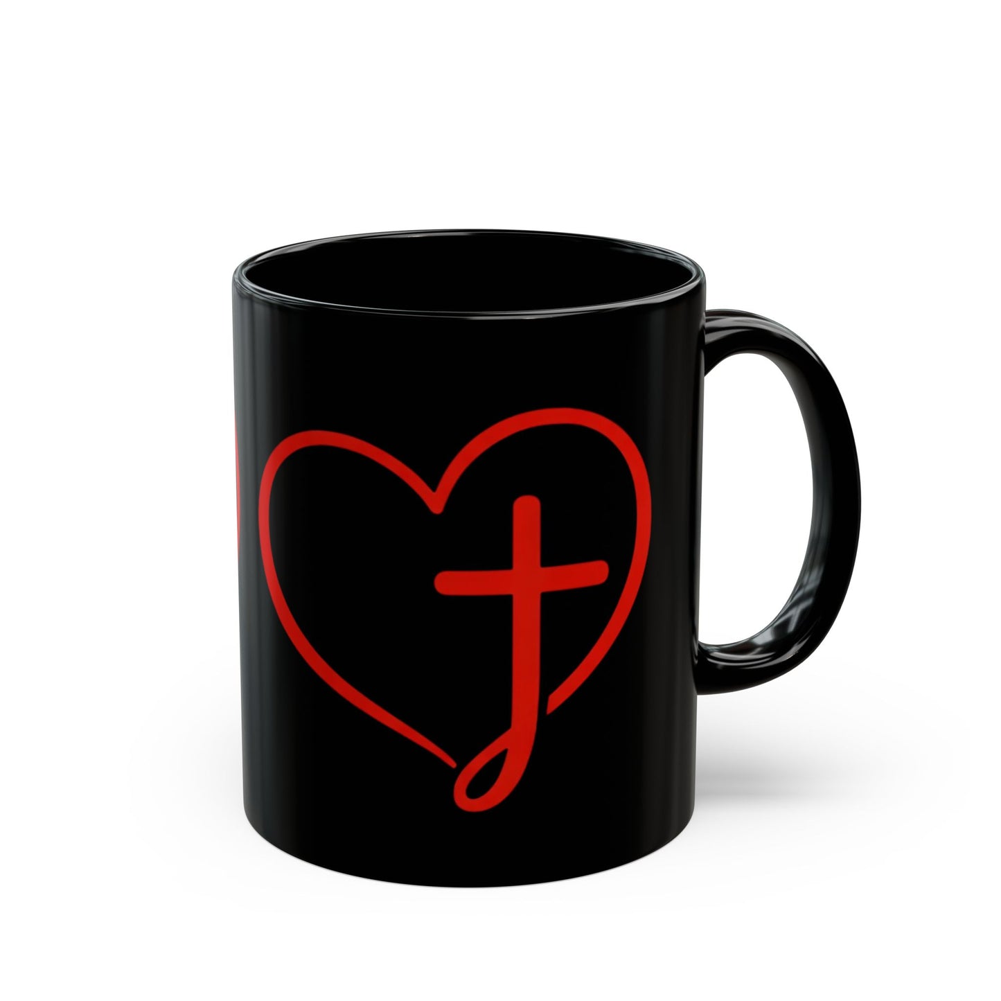 Black Mug — Scrolled Heart Cross 'J' Design (11oz & 15oz)