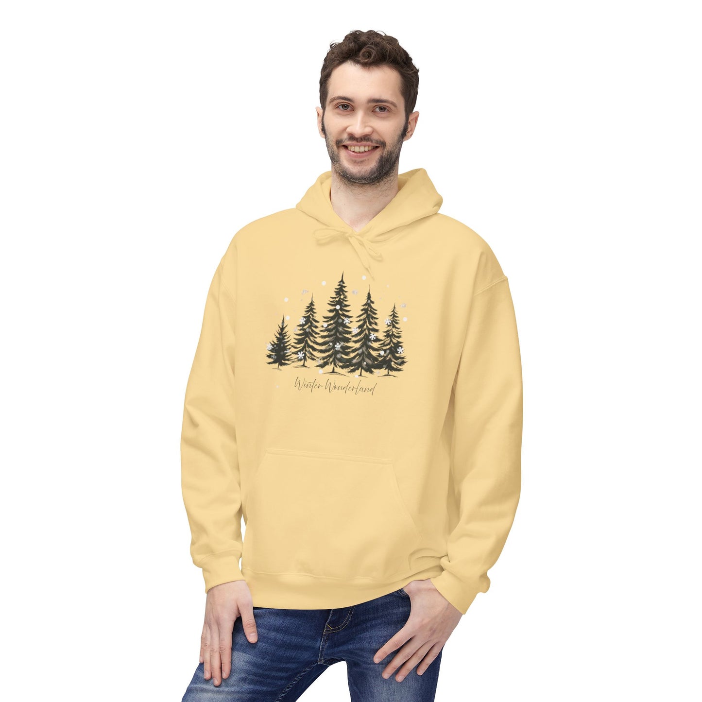 Cozy Forest Winter Hoodie with Snowflakes