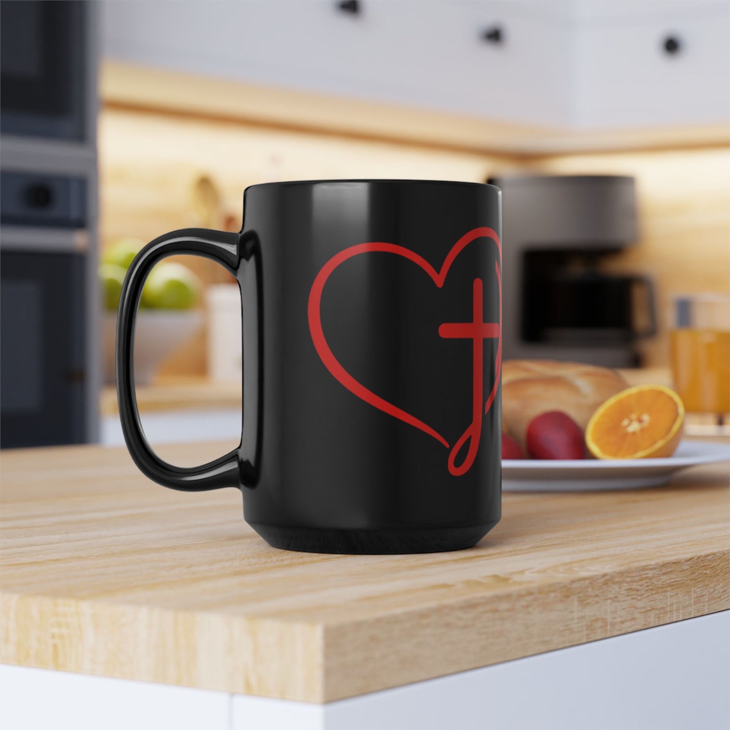 Black Mug — Scrolled Heart Cross 'J' Design (11oz & 15oz)