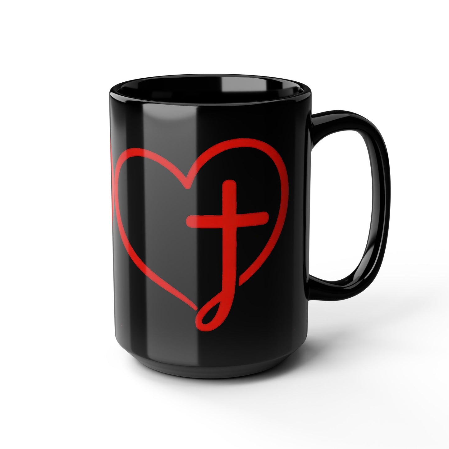 Black Mug — Scrolled Heart Cross 'J' Design (11oz & 15oz)