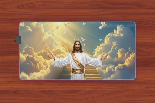 LED Gaming Mouse Pad — Jesus on Golden Stairway Design (RGB Light-Up)