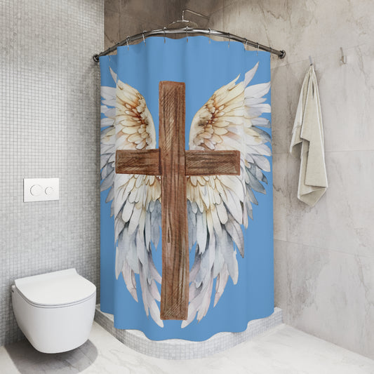 Faithful Wings Shower Curtain — Wooden Cross with Angel Wings Bathroom Decor