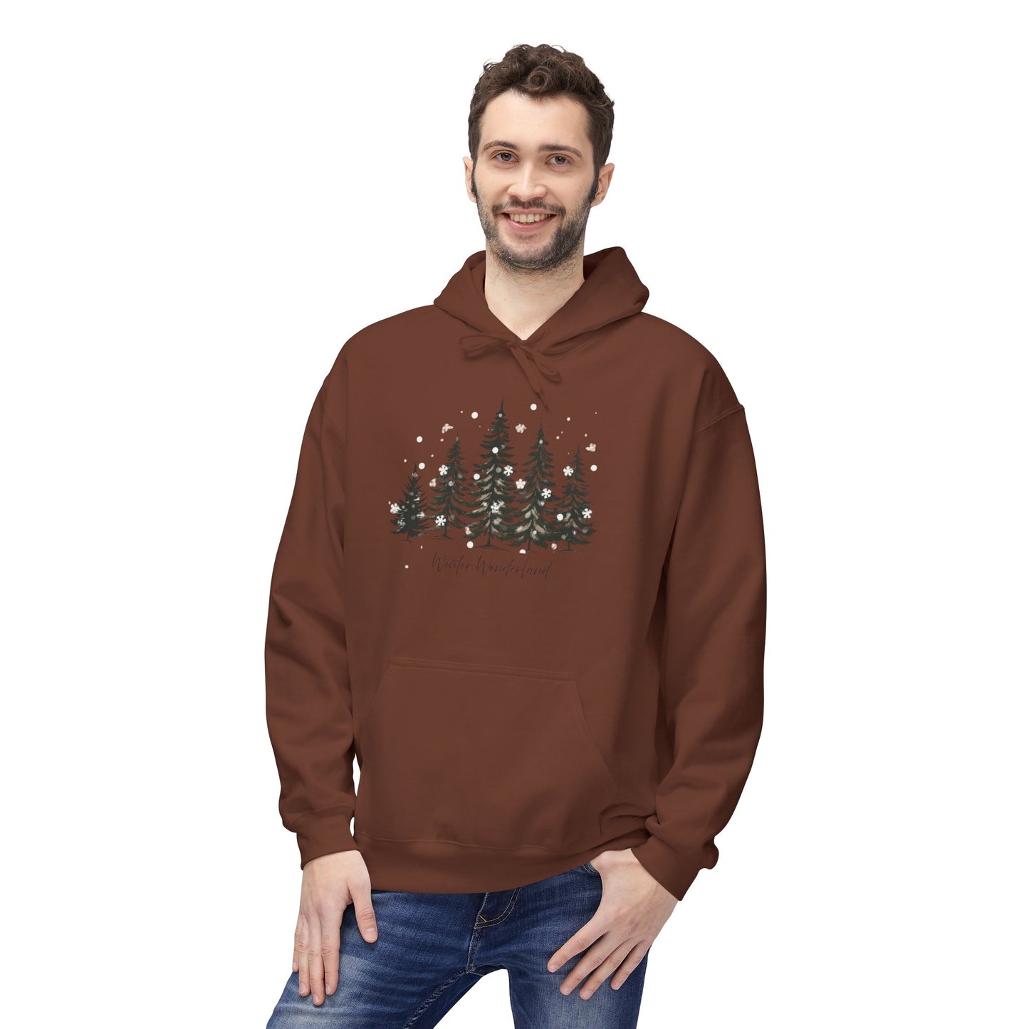 Cozy Forest Winter Hoodie with Snowflakes