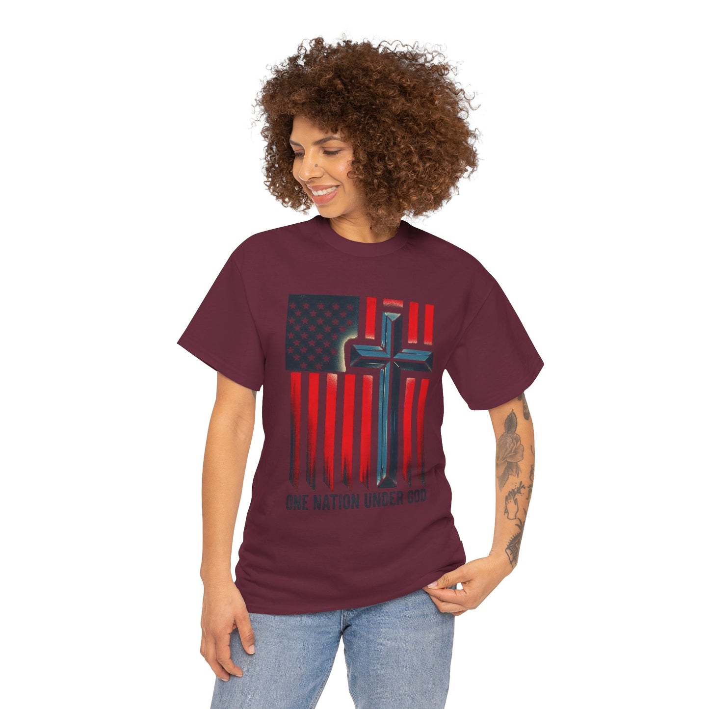 Patriotic Cross T-Shirt — "One Nation Under God" American Flag Tee