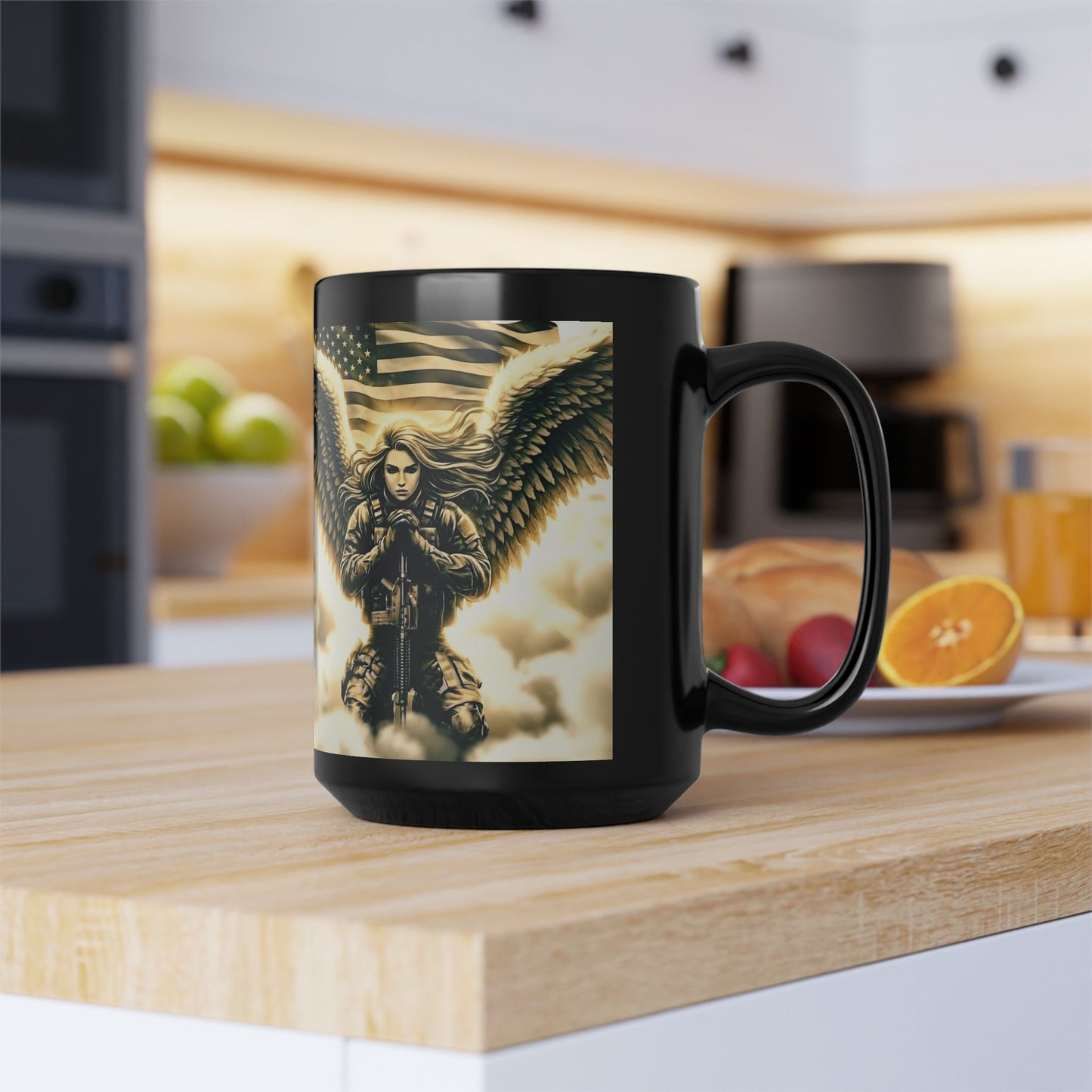 Angel of Valor Black Mug — Patriotic Guardian Wings Coffee Cup (11oz/15oz)