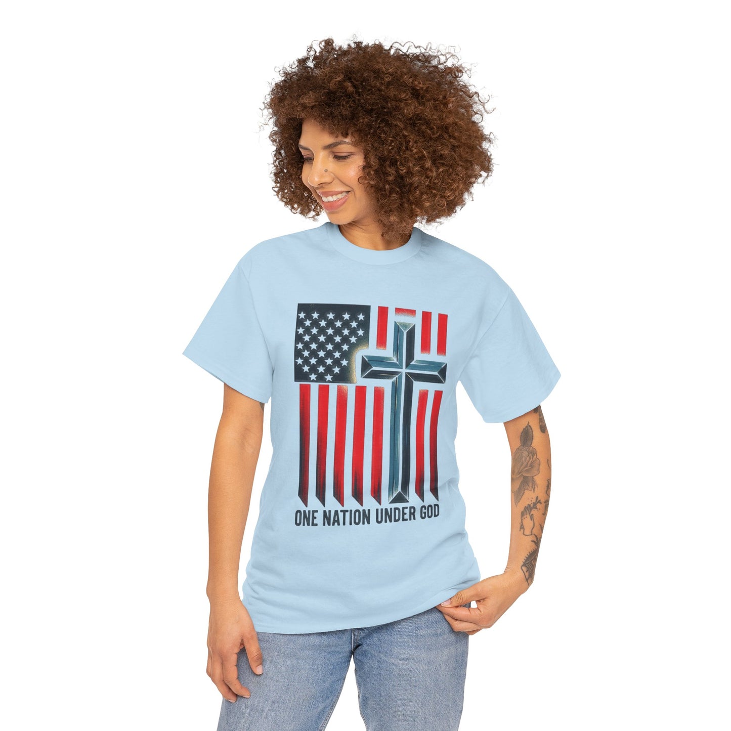 Patriotic Cross T-Shirt — "One Nation Under God" American Flag Tee