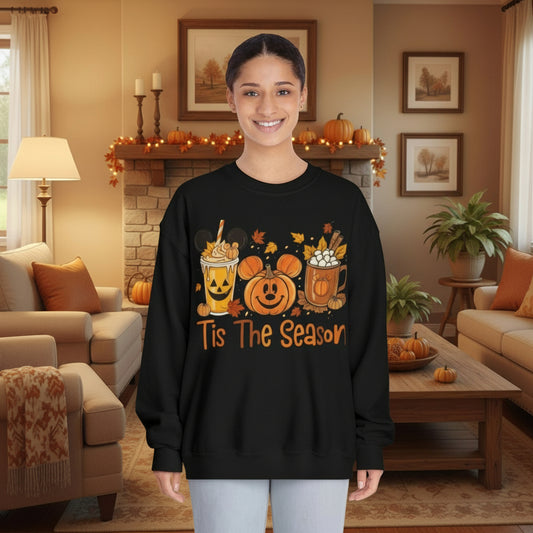 Cozy Fall Sweatshirt with Pumpkin and Hot Cocoa Design, Fall Apparel, Halloween Gift, Winter Fashion, Seasonal Sweatshirt