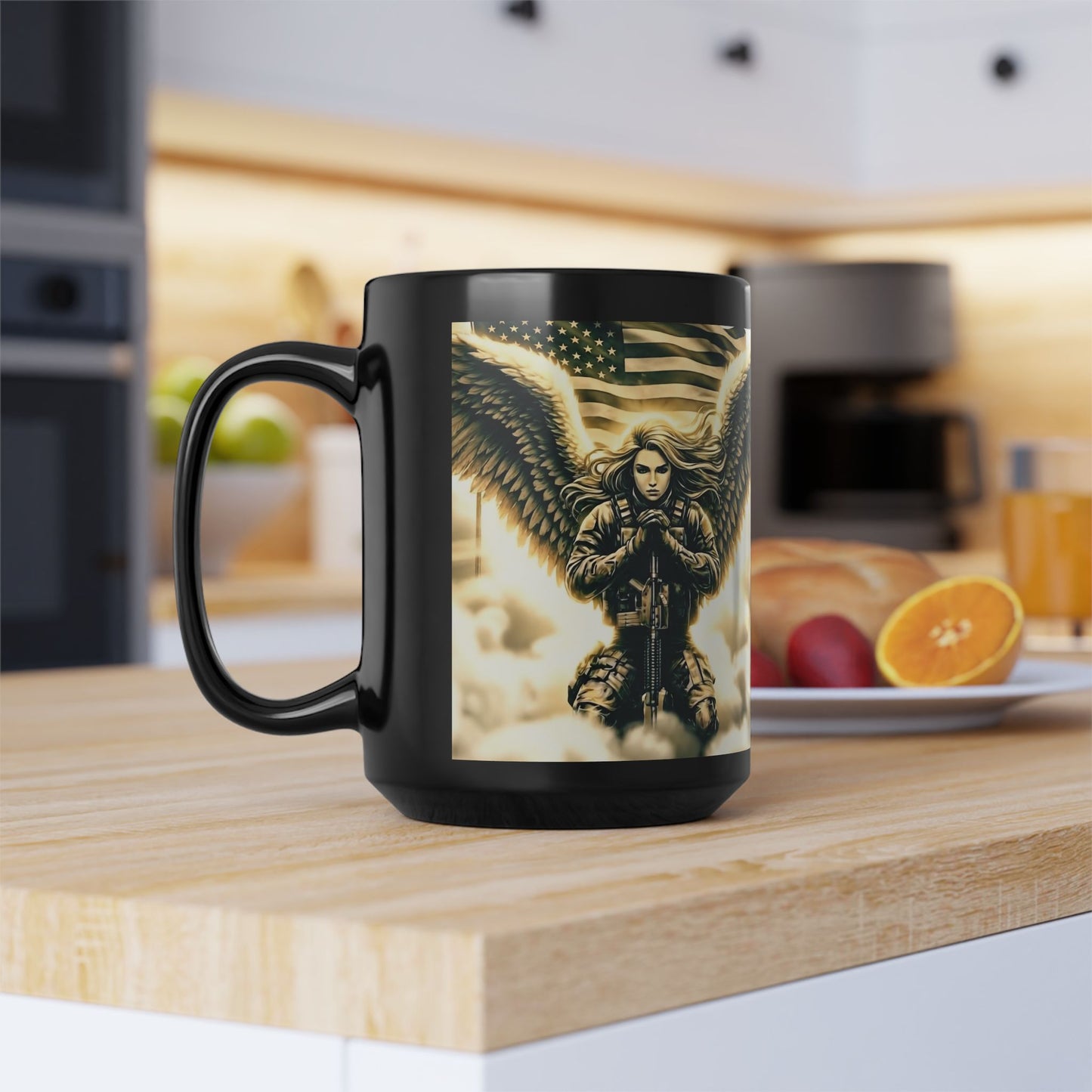 Angel of Valor Black Mug — Patriotic Guardian Wings Coffee Cup (11oz/15oz)
